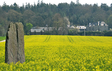 Menhir de la Pierre Lée vu du côté Nord, au fond le château de la Voltais